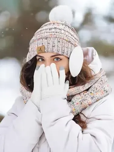 Winter Hat Scarf Gloves and Ear Warmer, Warm Knit Beanie Hat Touch Screen Gloves Set Winter Gifts Neck Scarves for Women - 6