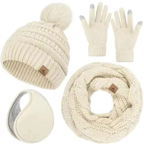 Winter Hat Scarf Gloves and Ear Warmer, Warm Knit Beanie Hat Touch Screen Gloves Set Winter Gifts Neck Scarves for Women - WINTER