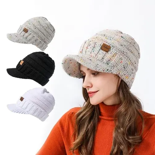 Winter Hats for Women - Thick Warm Stylish Knit Beanie Hat, Soft Stretch Cute Womens Winter Hats with Visor - 7