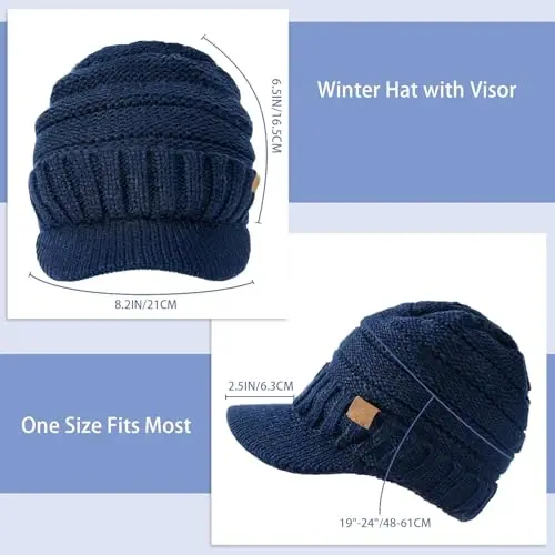 Winter Hats for Women - Thick Warm Stylish Knit Beanie Hat, Soft Stretch Cute Womens Winter Hats with Visor - 3