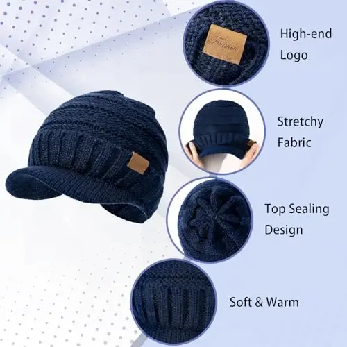 Winter Hats for Women - Thick Warm Stylish Knit Beanie Hat, Soft Stretch Cute Womens Winter Hats with Visor - 4
