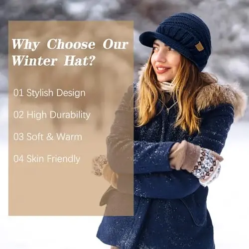 Winter Hats for Women - Thick Warm Stylish Knit Beanie Hat, Soft Stretch Cute Womens Winter Hats with Visor - 5
