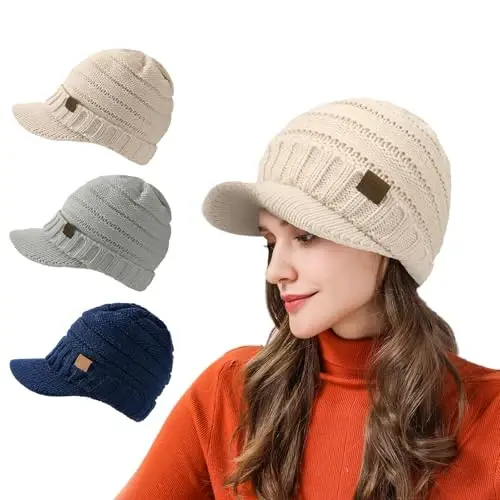 Winter Hats for Women - Thick Warm Stylish Knit Beanie Hat, Soft Stretch Cute Womens Winter Hats with Visor - 7