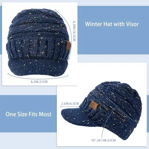 Winter Hats for Women - Thick Warm Stylish Knit Beanie Hat, Soft Stretch Cute Womens Winter Hats with Visor - 3