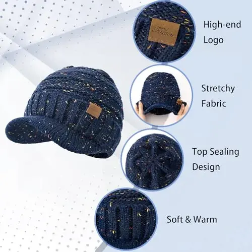 Winter Hats for Women - Thick Warm Stylish Knit Beanie Hat, Soft Stretch Cute Womens Winter Hats with Visor - 4