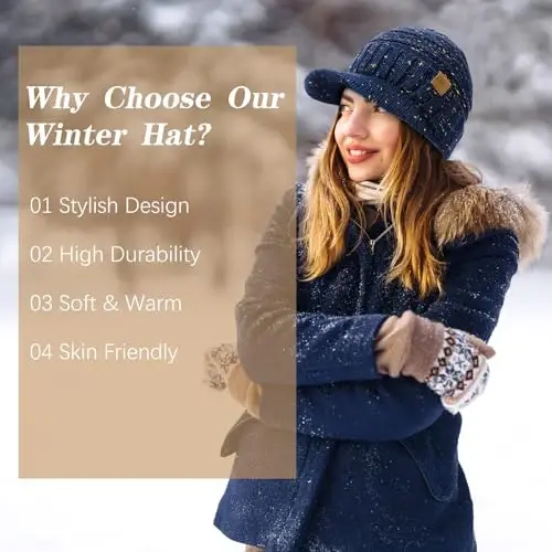 Winter Hats for Women - Thick Warm Stylish Knit Beanie Hat, Soft Stretch Cute Womens Winter Hats with Visor - 5