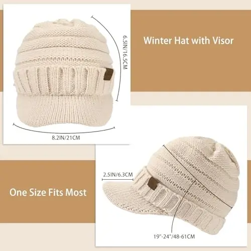 Winter Hats for Women - Thick Warm Stylish Knit Beanie Hat, Soft Stretch Cute Womens Winter Hats with Visor - 3