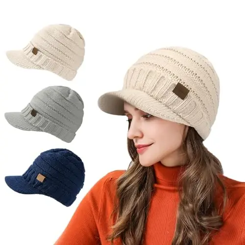 Winter Hats for Women - Thick Warm Stylish Knit Beanie Hat, Soft Stretch Cute Womens Winter Hats with Visor - 6
