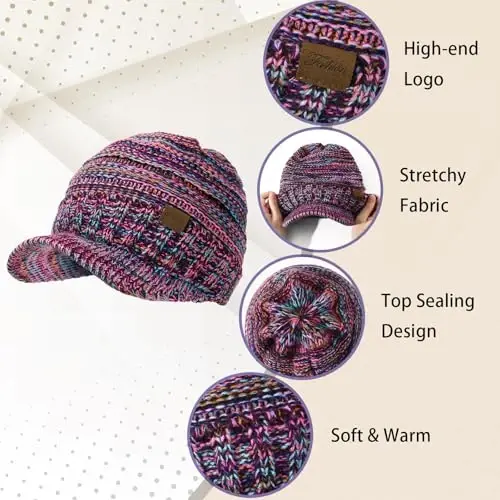 Winter Hats for Women - Thick Warm Stylish Knit Beanie Hat, Soft Stretch Cute Womens Winter Hats with Visor - 4