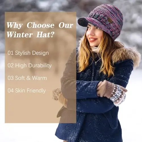 Winter Hats for Women - Thick Warm Stylish Knit Beanie Hat, Soft Stretch Cute Womens Winter Hats with Visor - 5
