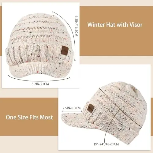 Winter Hats for Women - Thick Warm Stylish Knit Beanie Hat, Soft Stretch Cute Womens Winter Hats with Visor - 3