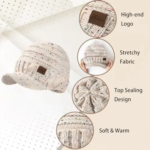 Winter Hats for Women - Thick Warm Stylish Knit Beanie Hat, Soft Stretch Cute Womens Winter Hats with Visor - 4