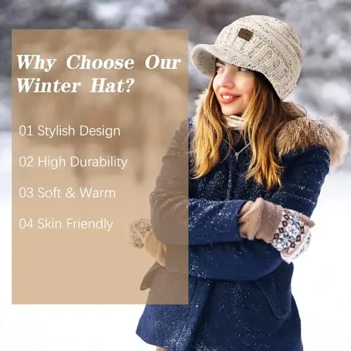 Winter Hats for Women - Thick Warm Stylish Knit Beanie Hat, Soft Stretch Cute Womens Winter Hats with Visor - 5