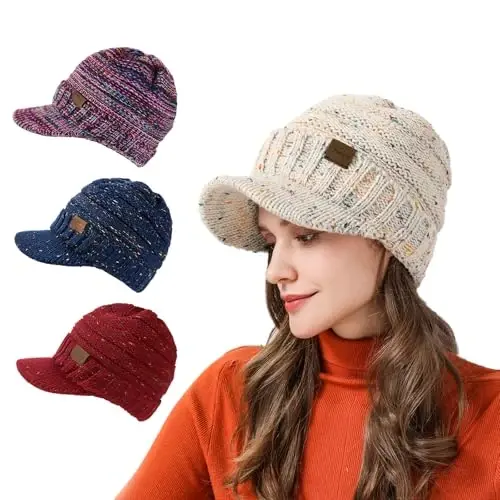 Winter Hats for Women - Thick Warm Stylish Knit Beanie Hat, Soft Stretch Cute Womens Winter Hats with Visor - 6