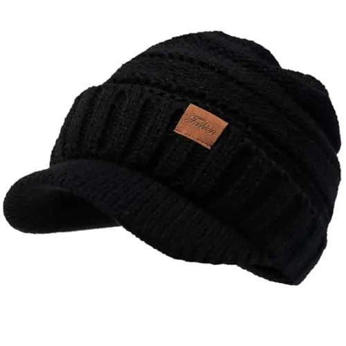 Winter Hats for Women - Thick Warm Stylish Knit Beanie Hat, Soft Stretch Cute Womens Winter Hats with Visor - 1