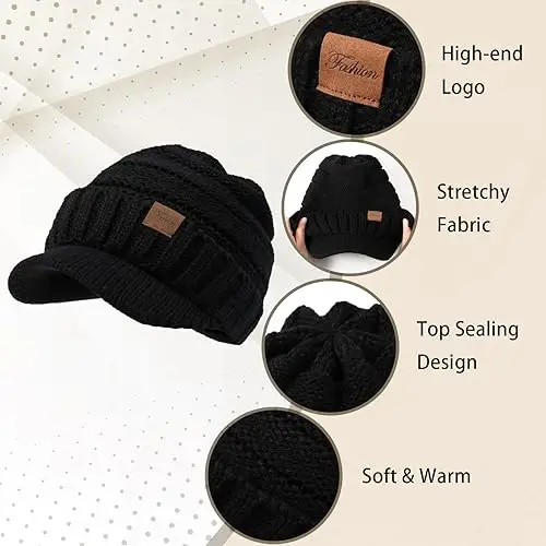 Winter Hats for Women - Thick Warm Stylish Knit Beanie Hat, Soft Stretch Cute Womens Winter Hats with Visor - 4