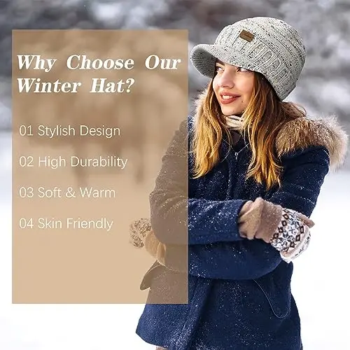 Winter Hats for Women - Thick Warm Stylish Knit Beanie Hat, Soft Stretch Cute Womens Winter Hats with Visor - 5