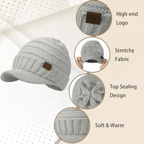Winter Hats for Women - Thick Warm Stylish Knit Beanie Hat, Soft Stretch Cute Womens Winter Hats with Visor - 4