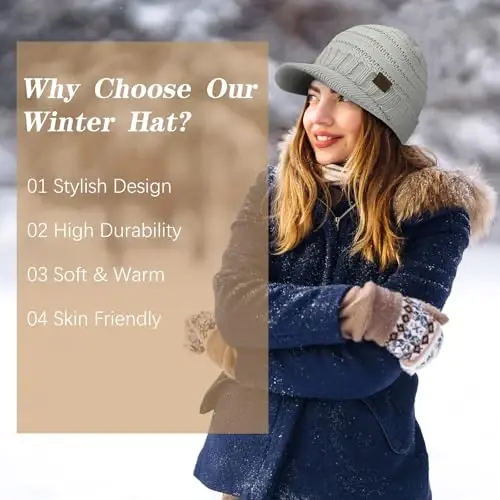 Winter Hats for Women - Thick Warm Stylish Knit Beanie Hat, Soft Stretch Cute Womens Winter Hats with Visor - 5
