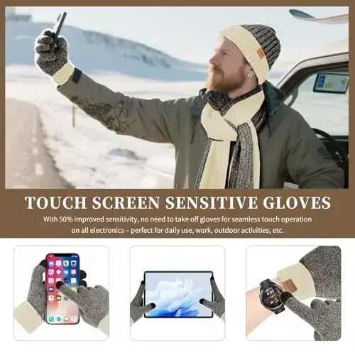Winter Hats Scarf for Men with Touchscreen Gloves Men's Scarves and Beanie Hat Thermal Glove Set for Men Women - 5