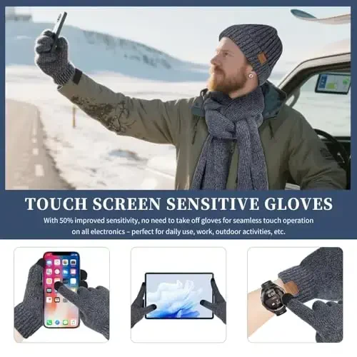 Winter Hats Scarf for Men with Touchscreen Gloves Men's Scaves and Beanie Hat Themal Glove Set for Men Women - 4