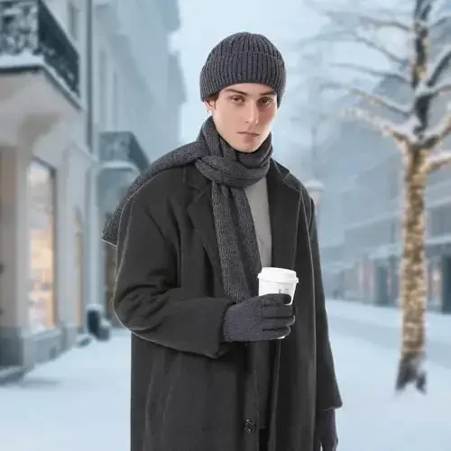 Winter Hats Scarf for Men with Touchscreen Gloves Men's Scaves and Beanie Hat Themal Glove Set for Men Women - 6