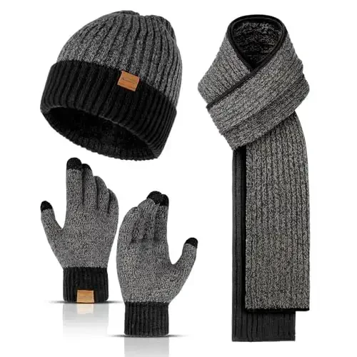 Winter Hats Scarf for Men with Touchscreen Gloves Men's Scaves and Beanie Hat Themal Glove Set for Men Women 