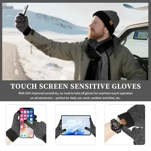 Winter Hats Scarf for Men with Touchscreen Gloves Men's Scaves and Beanie Hat Themal Glove Set for Men Women - 4