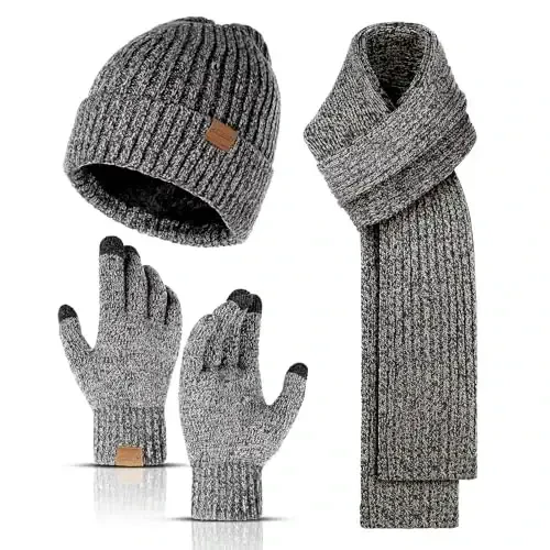 Winter Hats Scarf for Men with Touchscreen Gloves Men's Scaves and Beanie Hat Themal Glove Set for Men Women - 1