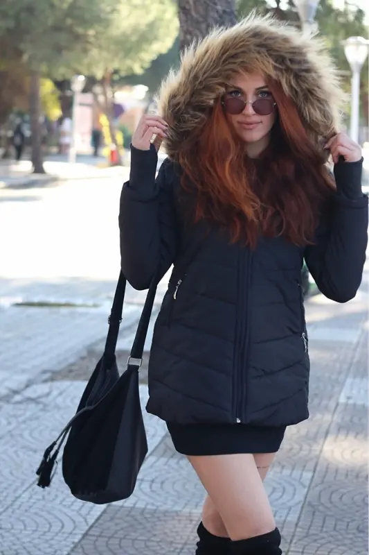 Winter Padded Jacket with Hood, Fur and Elpen for Women Tr121black33 - BARBORA
