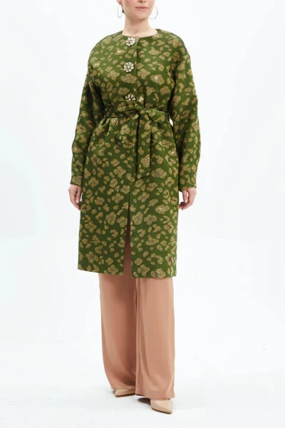 Winter Stone-Detail Leopard Print Belted Green Coat 39144 - 1