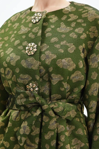 Winter Stone-Detail Leopard Print Belted Green Coat 39144 - 2