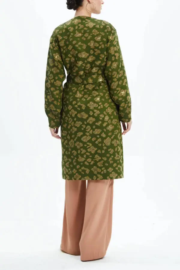 Winter Stone-Detail Leopard Print Belted Green Coat 39144 - 4