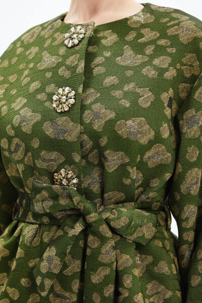 Winter Stone-Detail Leopard Print Belted Green Coat 39144 - SERPIL (1)