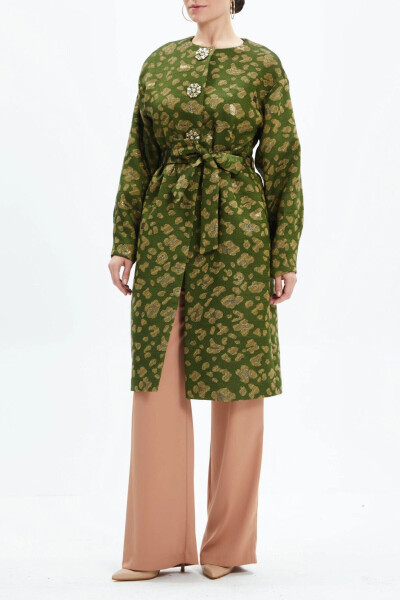 Winter Stone-Detail Leopard Print Belted Green Coat 39144 - 3