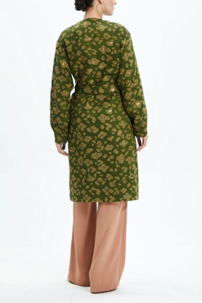 Winter Stone-Detail Leopard Print Belted Green Coat 39144 - 4