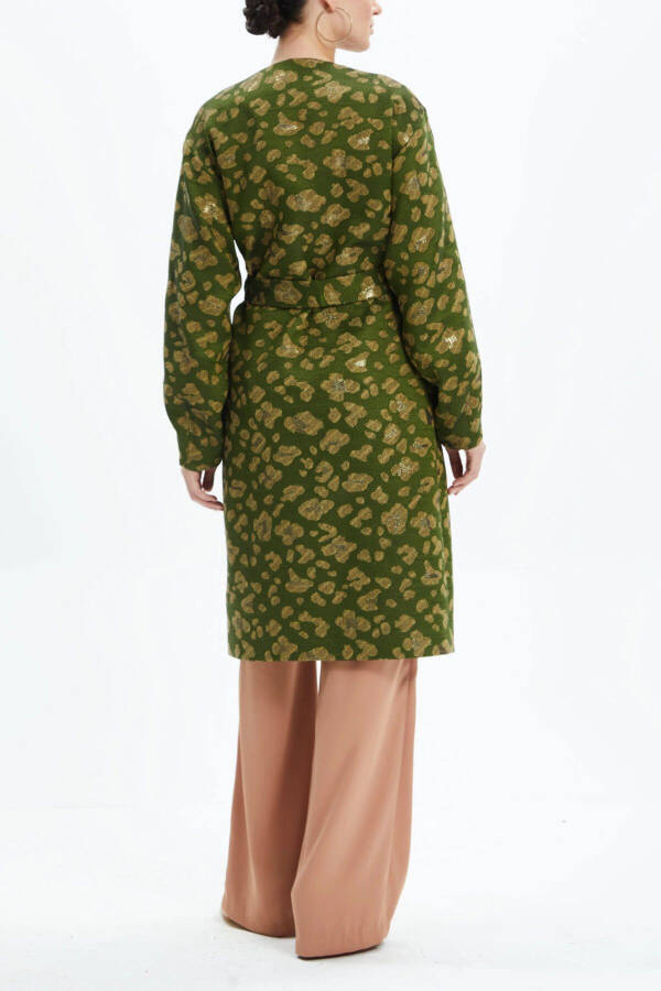 Winter Stone-Detail Leopard Print Belted Green Coat 39144 - 4