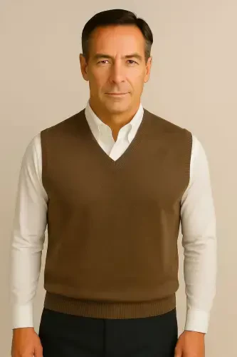 Winter V-Neck Plain Fine Wool Brown Dad Sweater - 1