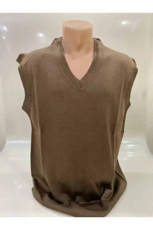 Winter V-Neck Plain Fine Wool Brown Dad Sweater - 3