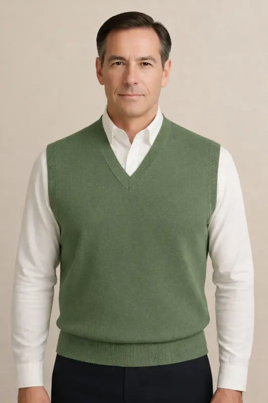Winter V-Neck Plain Fine Wool Khaki Dad Sweater - BURSPA