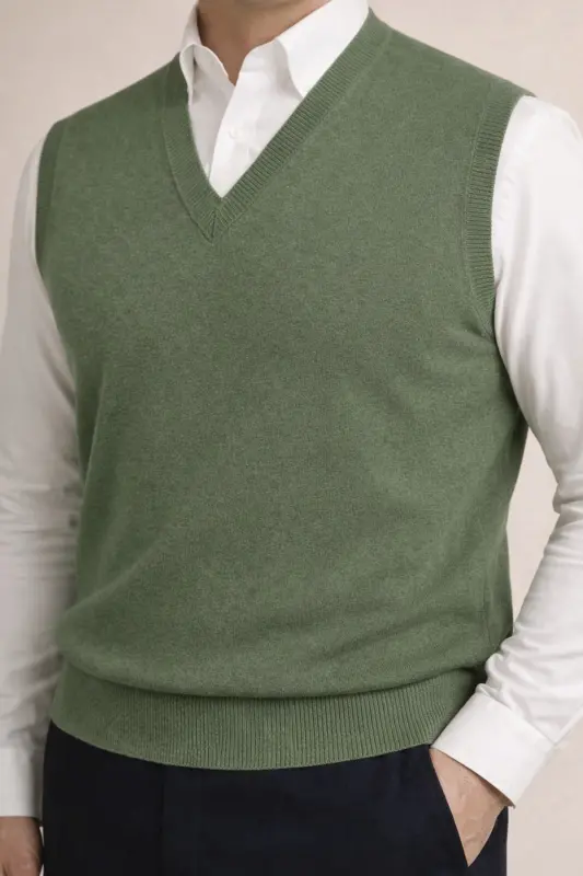 Winter V-Neck Plain Fine Wool Khaki Dad Sweater - 3