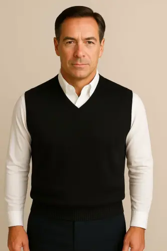 Winter V Neck Plain Thin Wool Black Dad Sweater-BLACK - 1