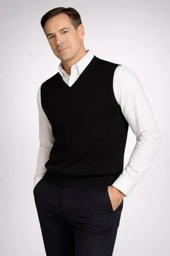 Winter V Neck Plain Thin Wool Black Dad Sweater-BLACK - BURSPA (1)