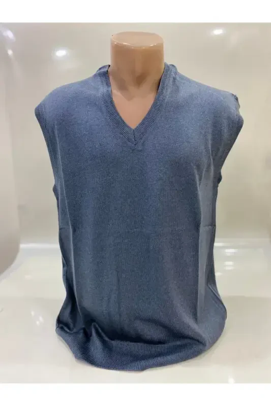 Winter V-Neck Plain Thin Wool Blue Father Sweater - 2