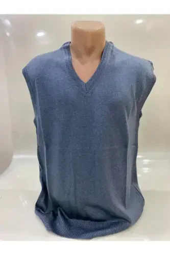 Winter V-Neck Plain Thin Wool Blue Father Sweater - 3