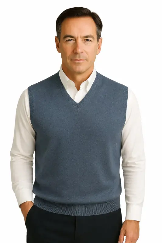 Winter V-Neck Plain Thin Wool Blue Father Sweater - 2