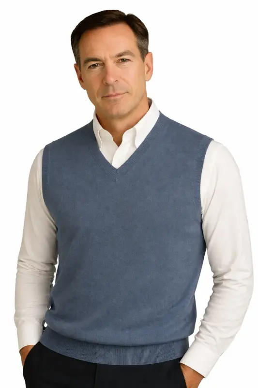 Winter V-Neck Plain Thin Wool Blue Father Sweater - 3
