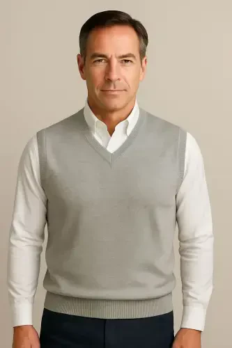 Winter V Neck Plain Thin Wool Grey Grandpa Sweater-GRAY - 1
