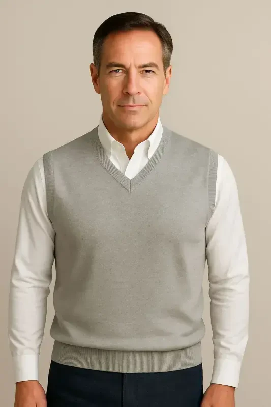 Winter V Neck Plain Thin Wool Grey Grandpa Sweater-GRAY - 1