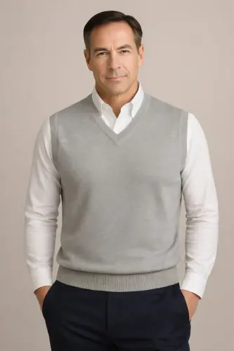 Winter V Neck Plain Thin Wool Grey Grandpa Sweater-GRAY 